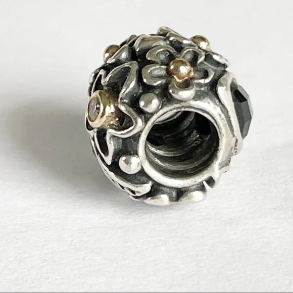 Pandora Dew Drops on Flowers Diamond Charm w/14k Details, Onyx & Diamonds - Picture 8 of 16